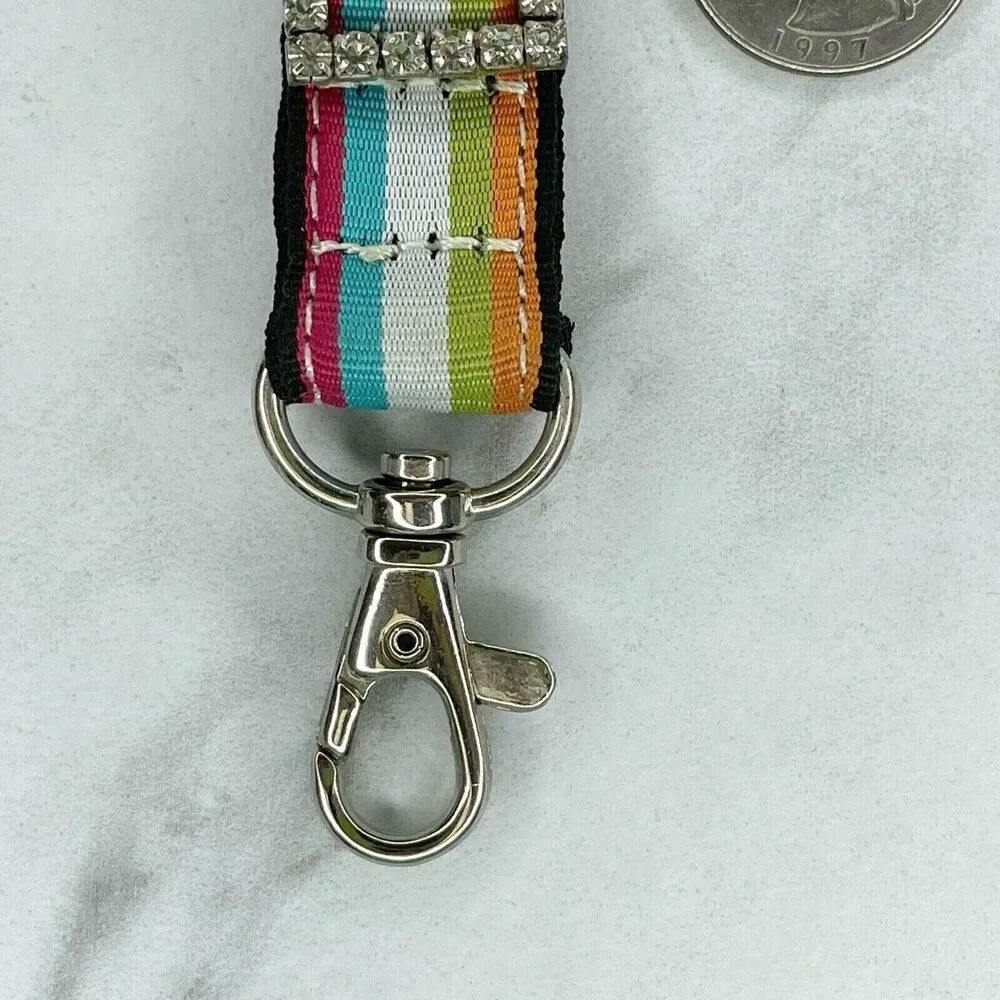 Rhinestone Buckle Striped Ribbon Keychain Keyring Key Fob